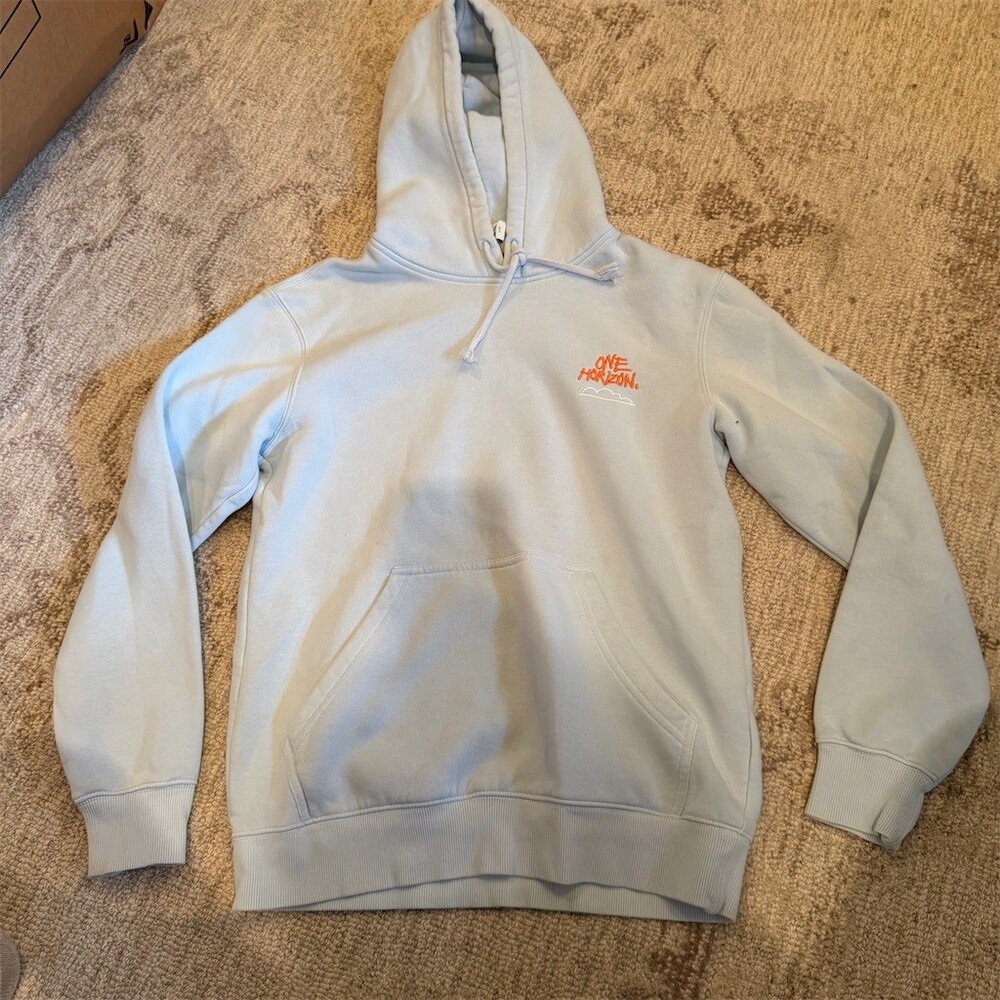 H&M Hoodie Unisex Adults XS Light Blue Pullover One Horizon Logo Pocket